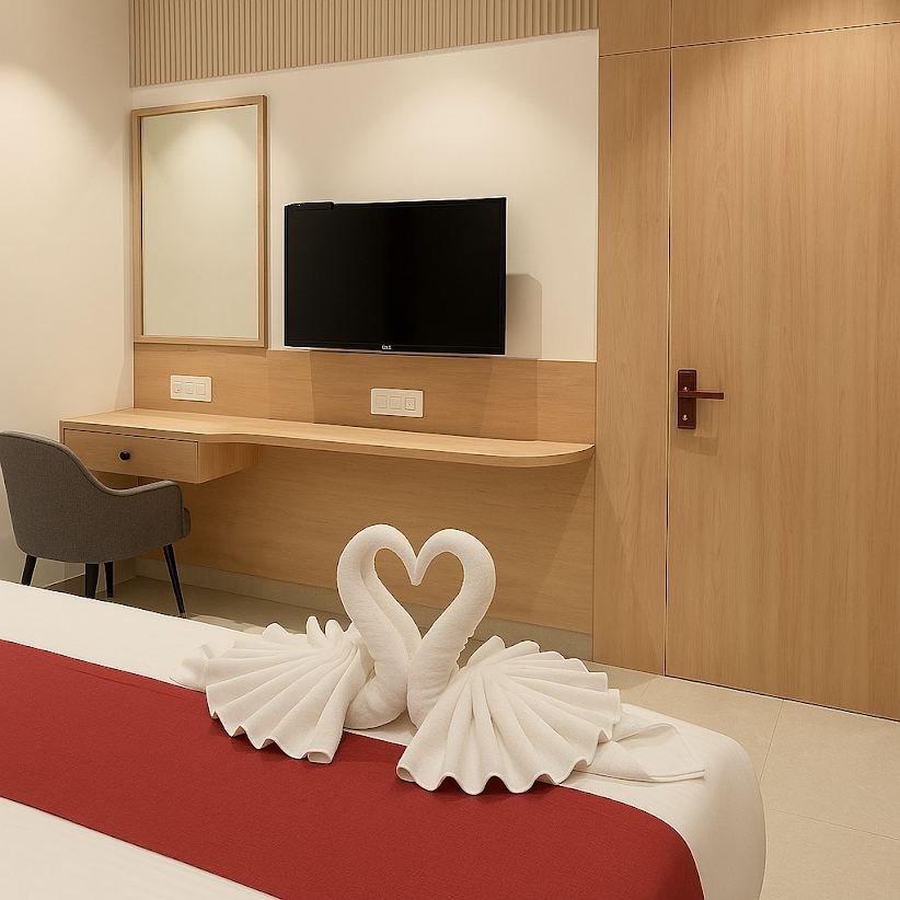 Deluxe room bed with towel swans