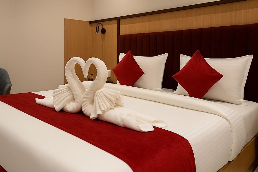 Super Deluxe room with maroon velvet headboard